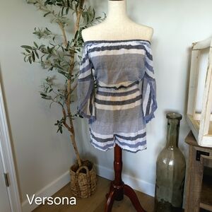 Versona Blue and White Off-Shoulder Blouse with 3/4 Sleeves